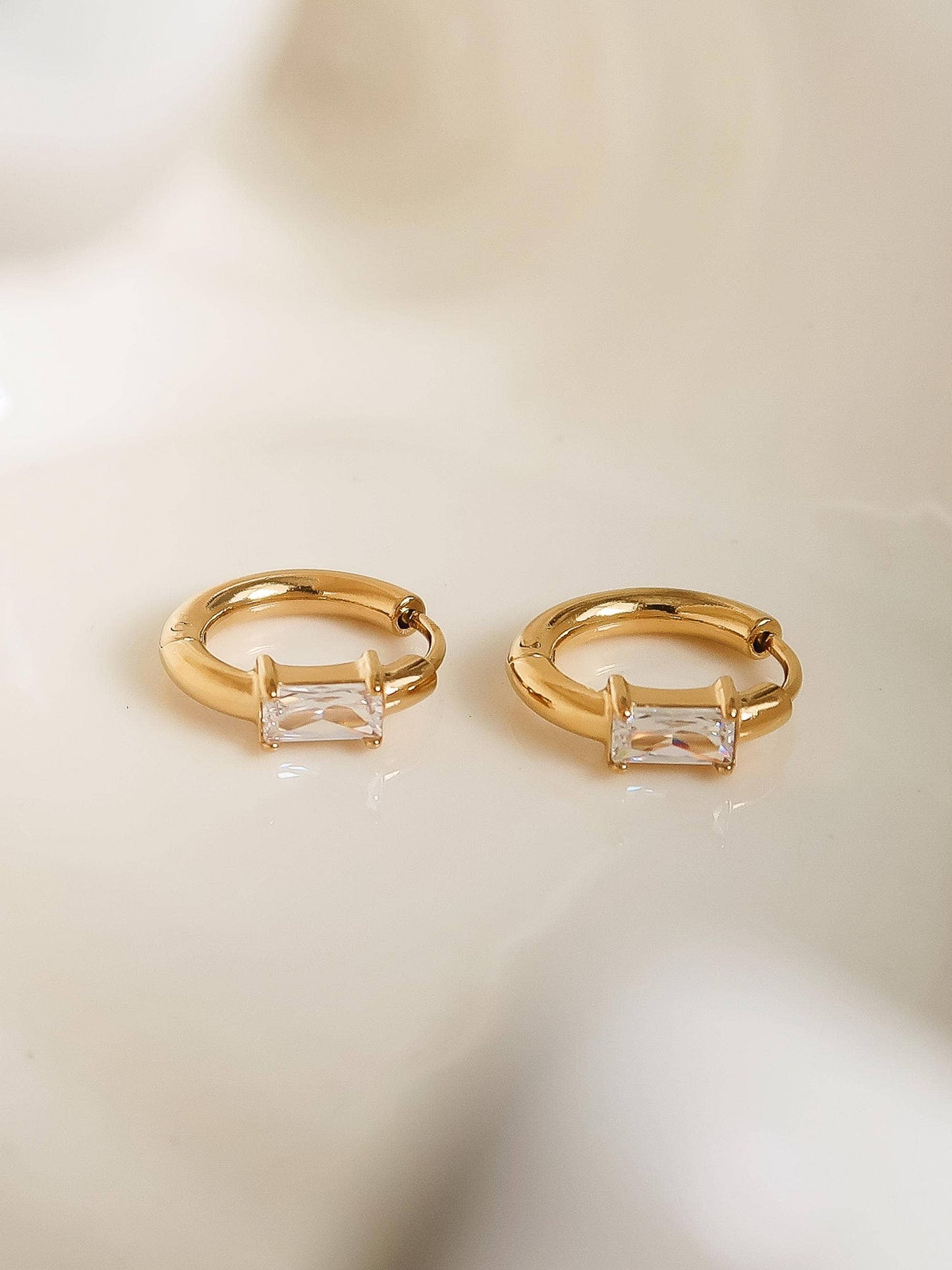 Adhara 18K Gold Non-Tarnish CZ Huggie Earrings: Yellow Gold / Rectangle