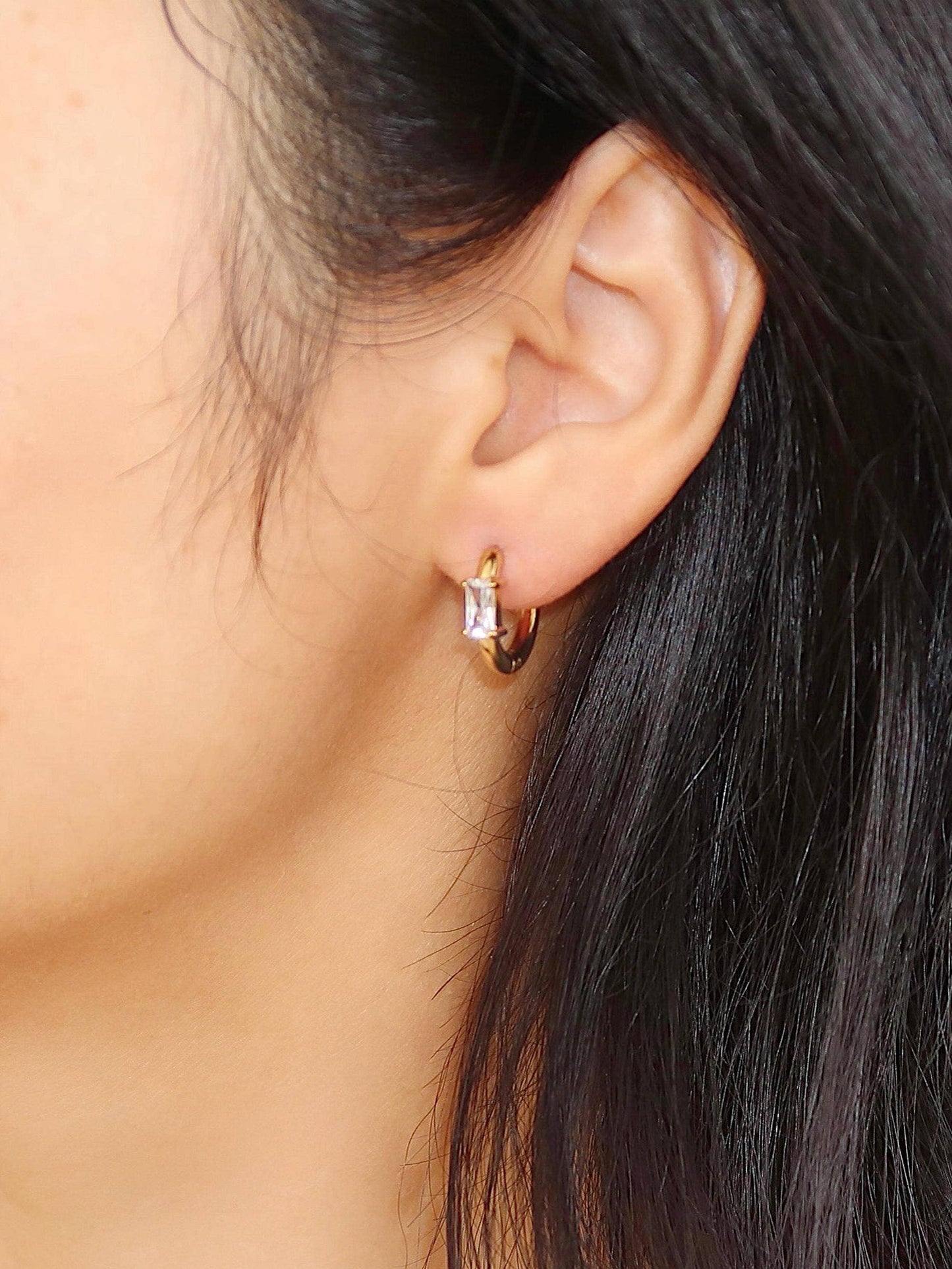Adhara 18K Gold Non-Tarnish CZ Huggie Earrings: Yellow Gold / Rectangle