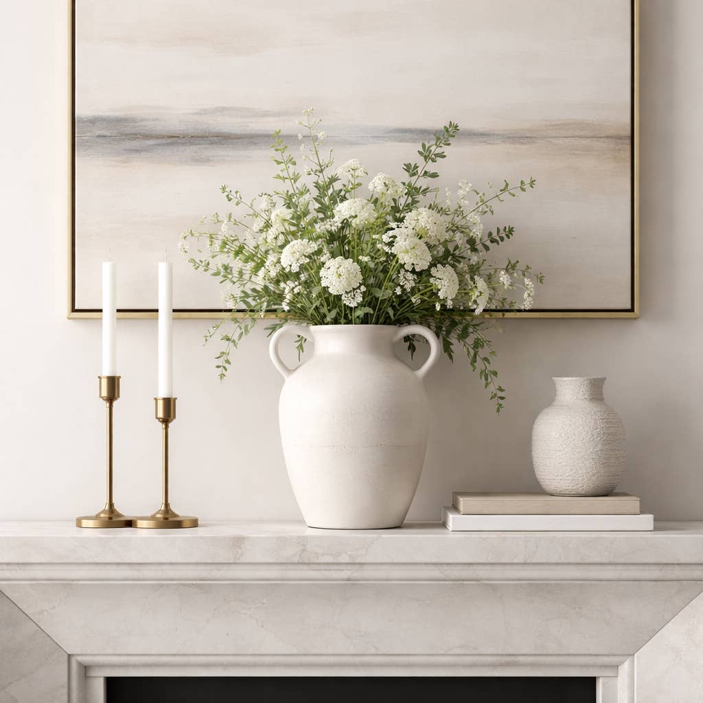 Ivory Paper Mache Amphora Round Vase with Handles