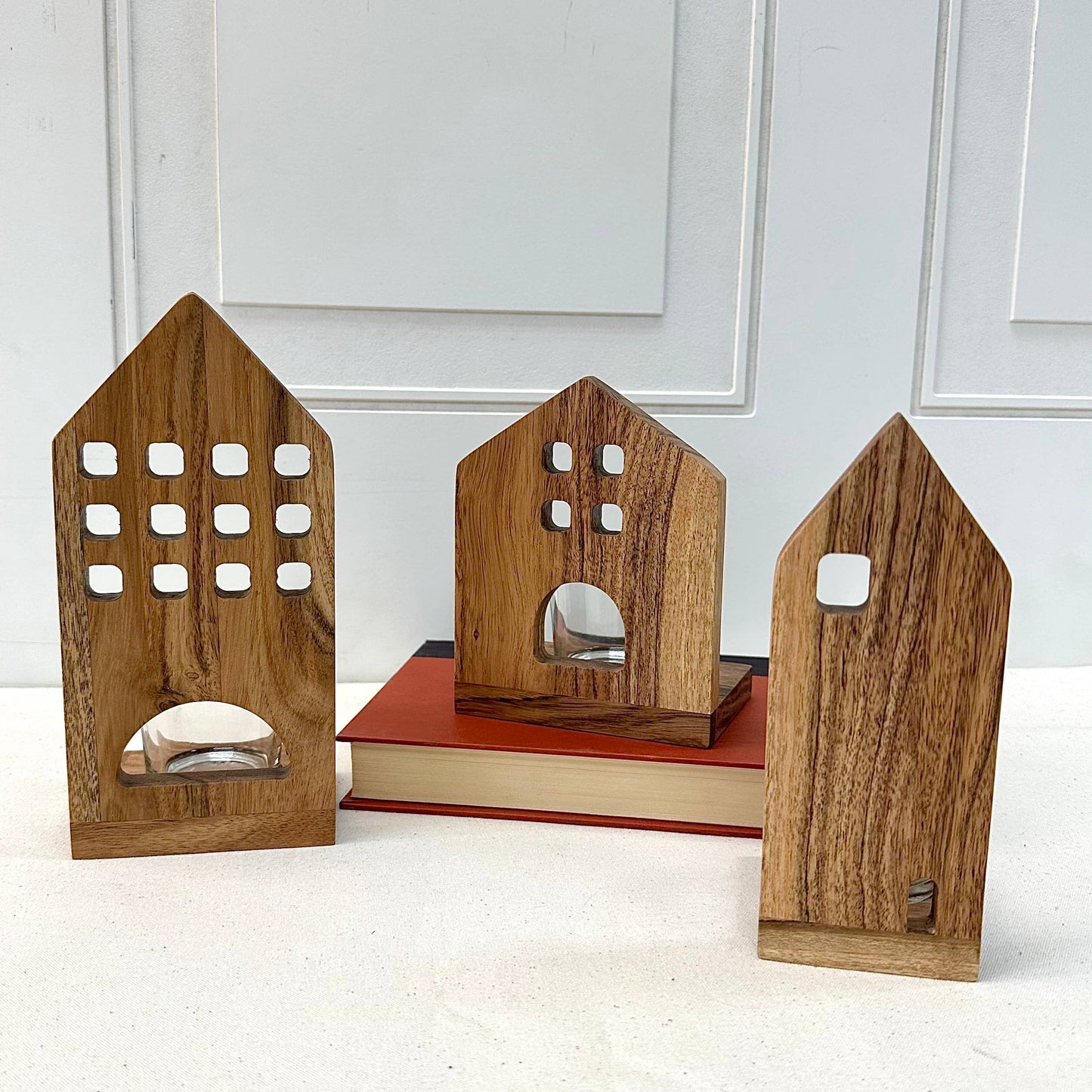 Wood Deco House w/Glass votive holder