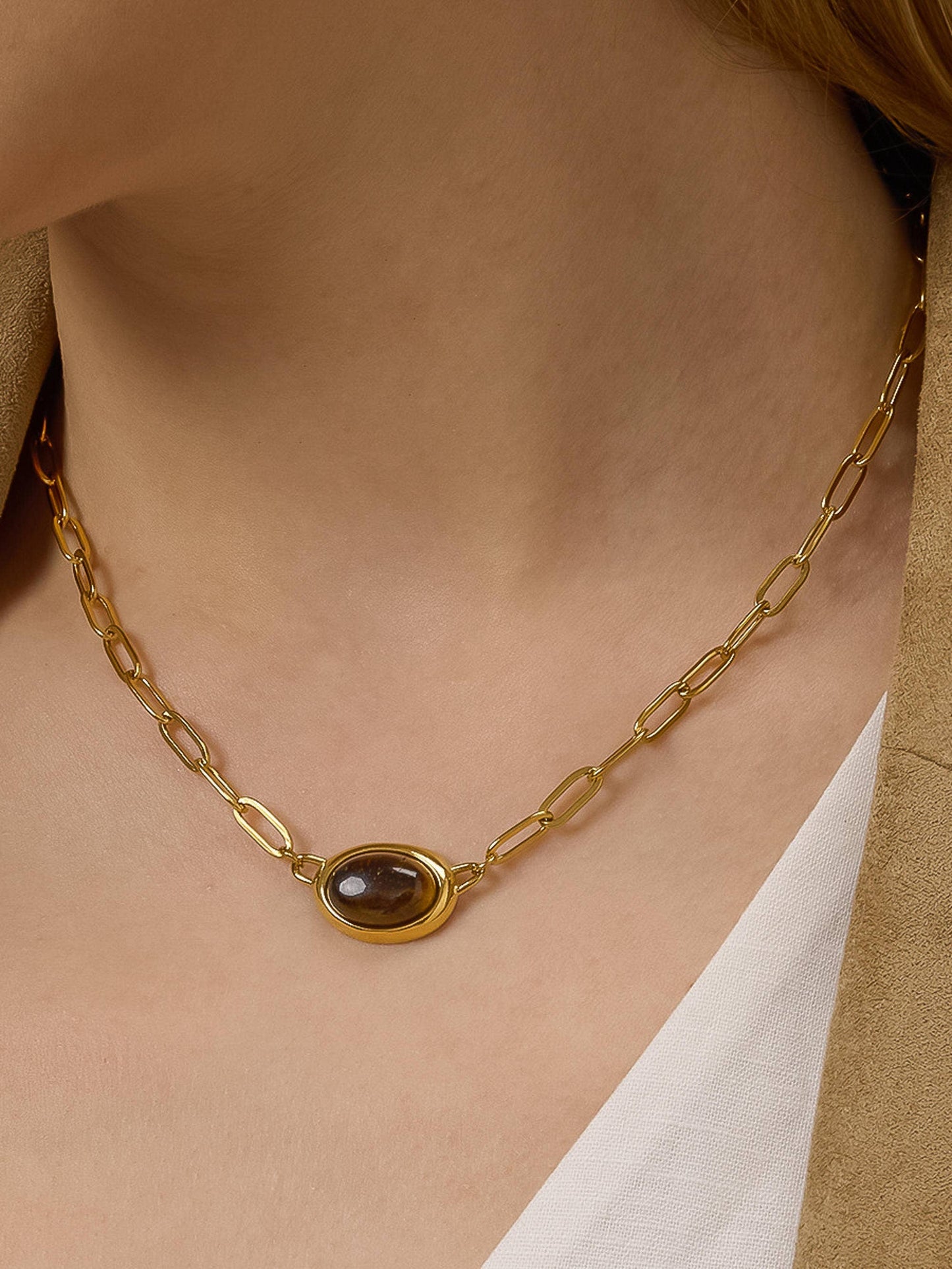 Shay 18K Gold Non-Tarnish Oval Stone Chain Necklace: Brown