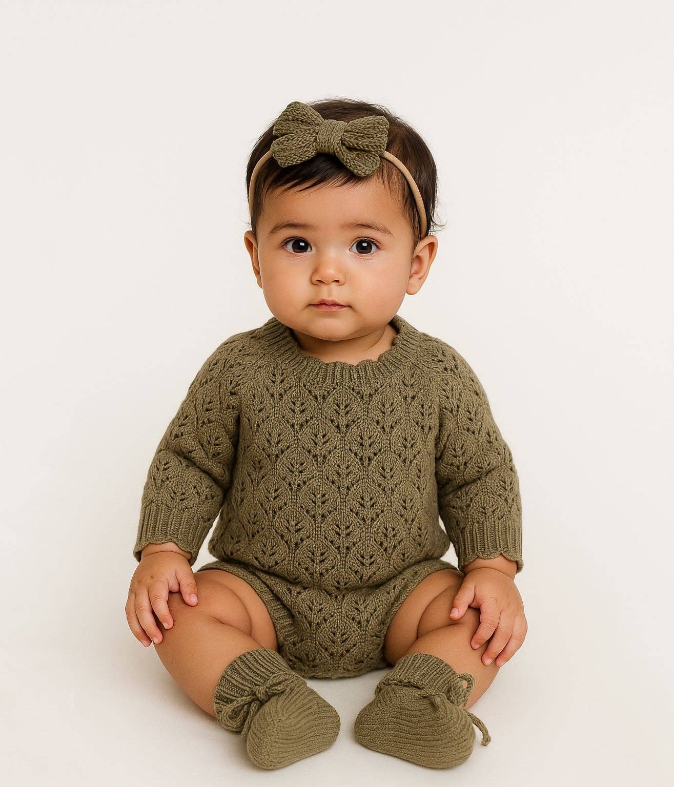 Willow Lacy Romper: 3pc set (romper +booties + bow) / 0-3 months