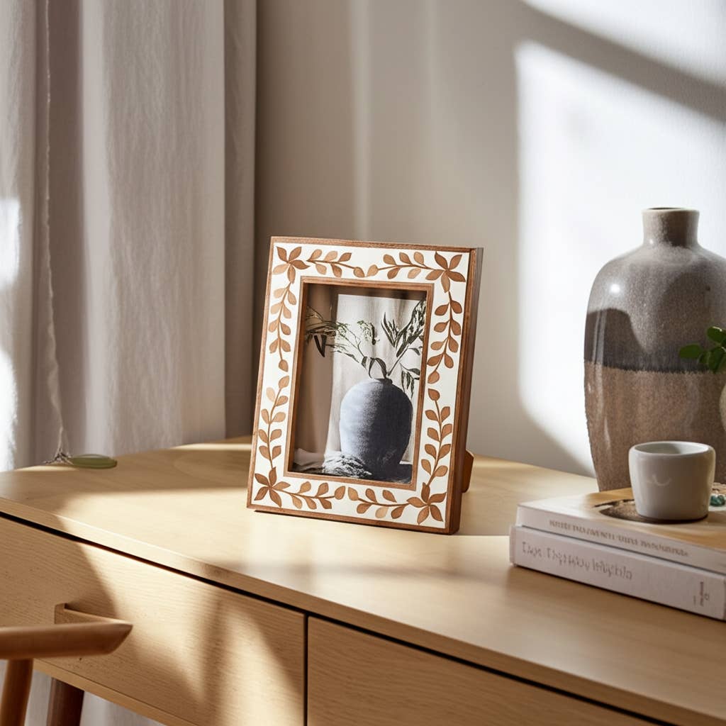Wood Etched Leaf Inlay Vine Photo Frame - Brown, 5x7 in.