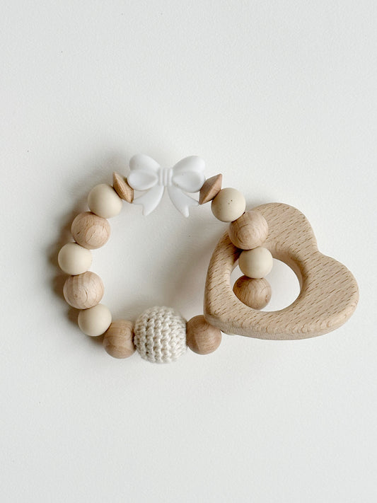 Wooden Heart and Silicone Bow Teething Rattle: Khaki