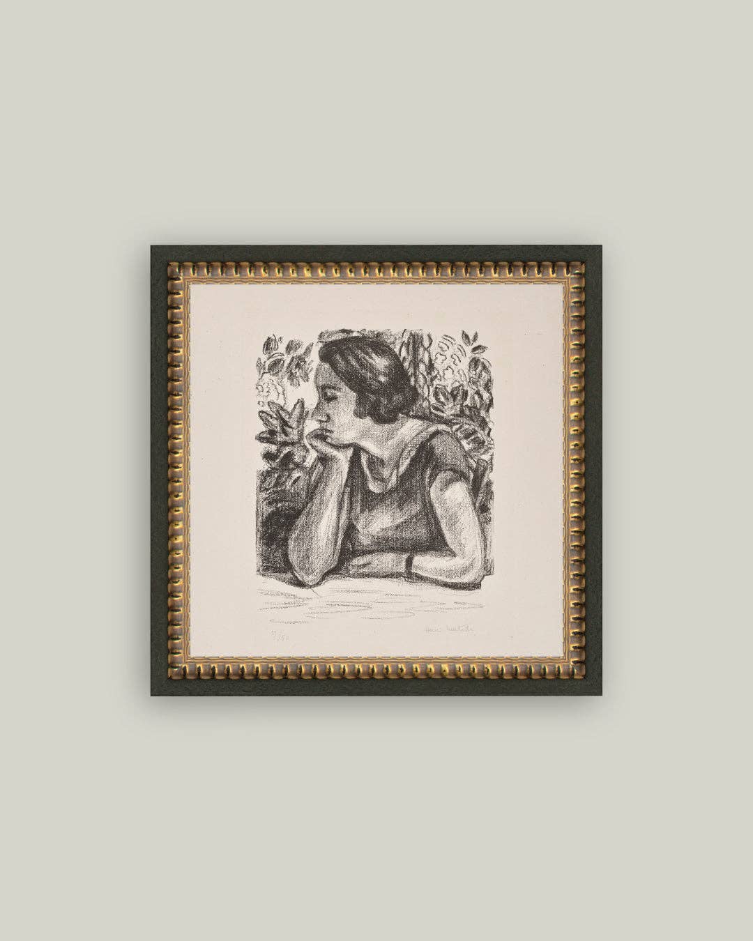 Woman Resting on Her Arm Framed Antique Art: 6x6