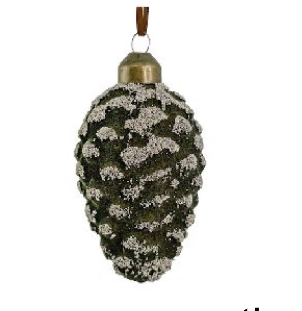 Glass Pinecone Green Velvet w/Silver Beads Ornament