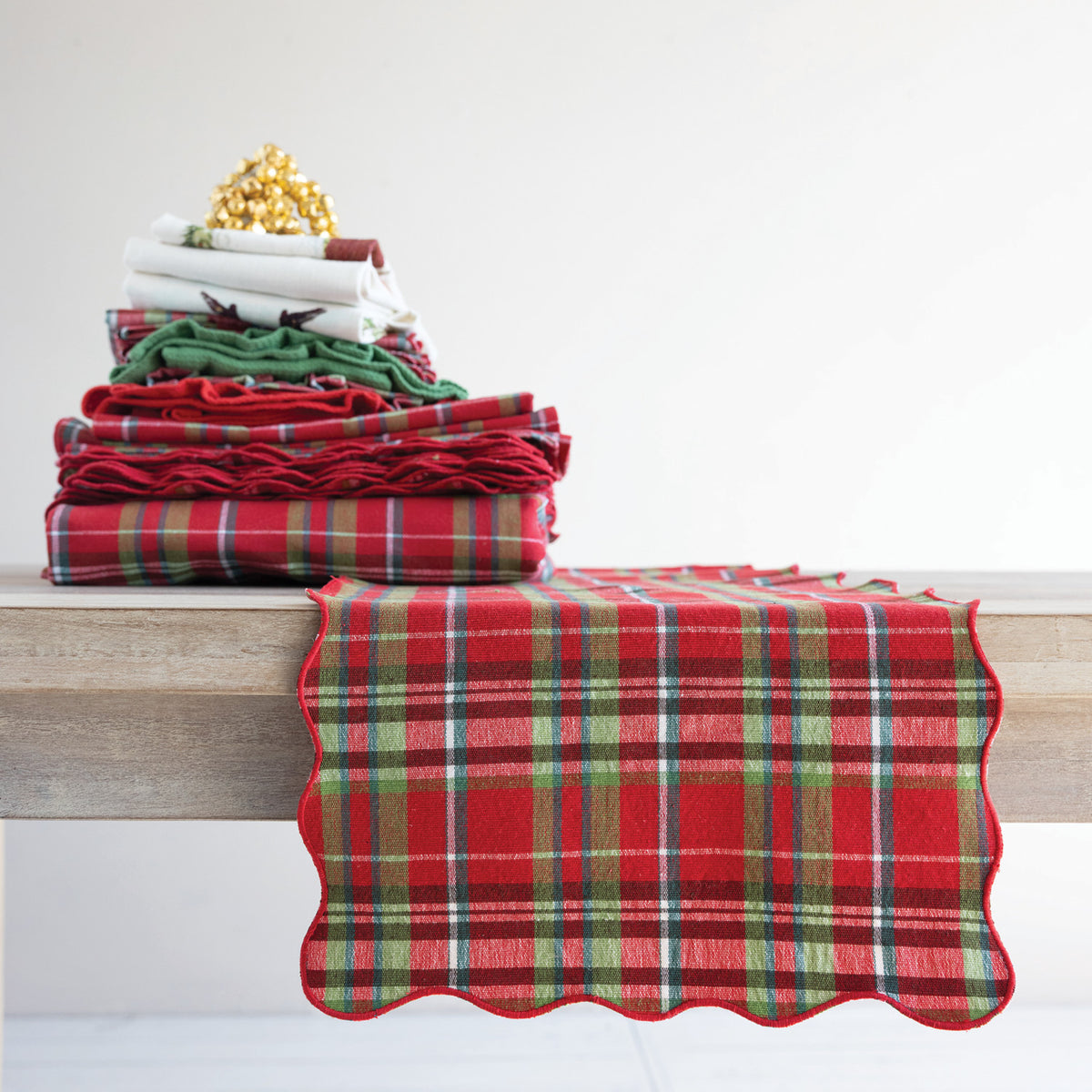 Cotton Scalloped Table Runner with Stitched Edge, Roll Tied with Cotton Tape