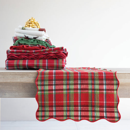 Cotton Scalloped Table Runner with Stitched Edge, Roll Tied with Cotton Tape
