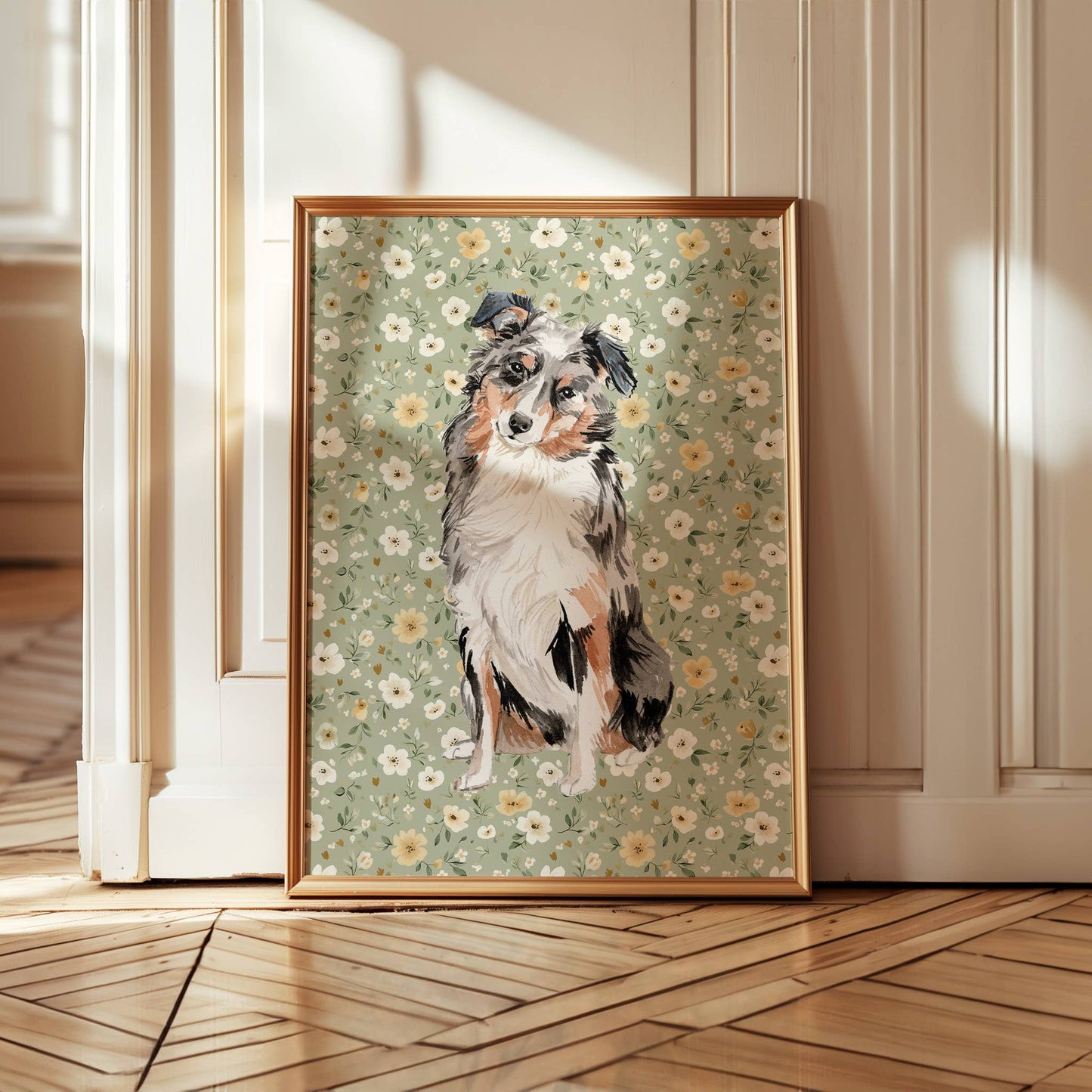 Australian Shepherd Print with Sage Floral Background: 5" x 7" (vertical)