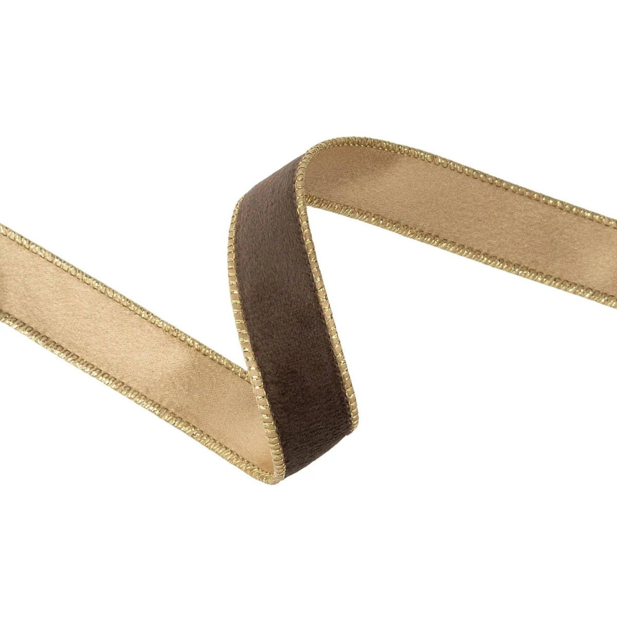 1" Reversible Classic Velvet Wired Ribbon | Brown w/ Gold Shimmer Satin Backing | 10 Yard Roll
