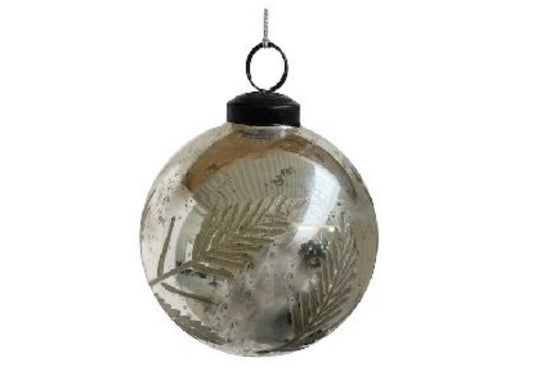 Glass Silver Ball Ornament with Antique Leaf Etching