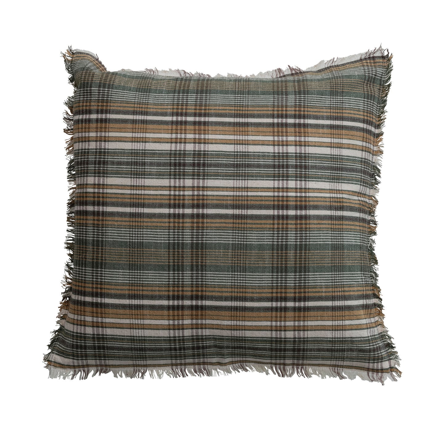 Woven Linen & Cotton Pillow w/ Plaid Pattern & Eyelash Fringe