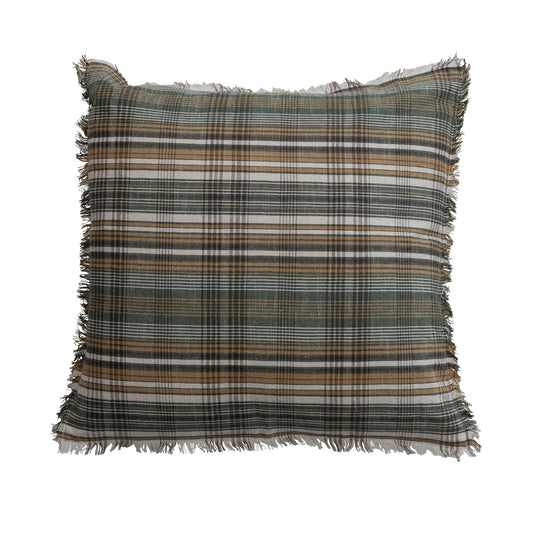 Woven Linen & Cotton Pillow w/ Plaid Pattern & Eyelash Fringe