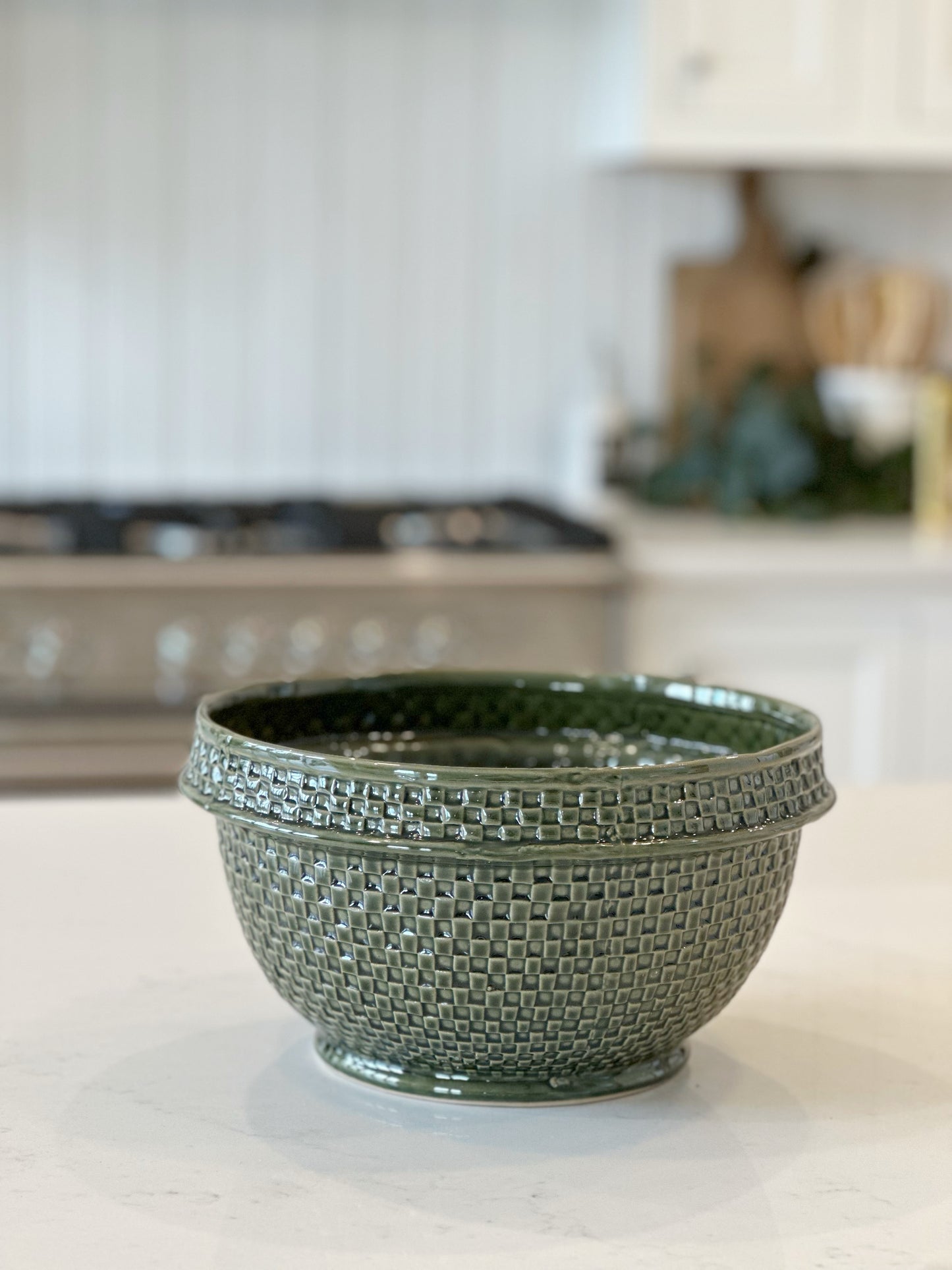 Stoneware Basket Weave Bowl, Green (Each One Will Vary)