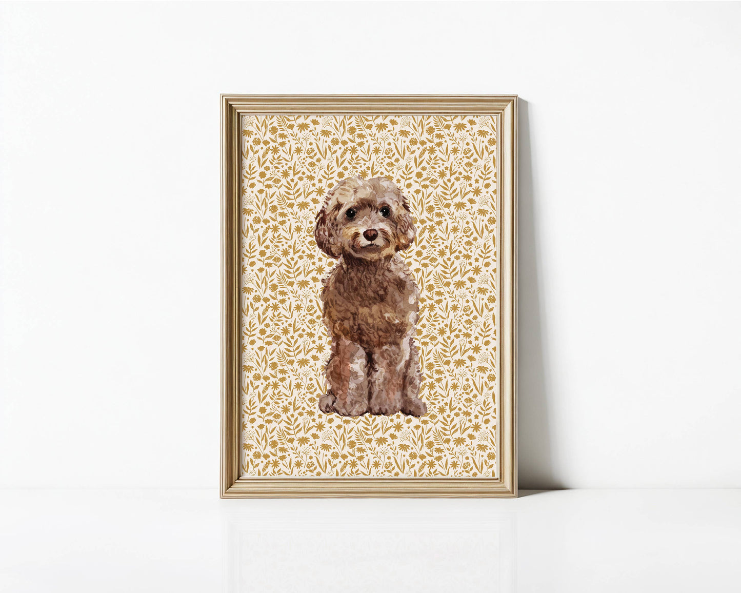 Cockapoo Print with Tan Floral Background: 5" x 7" (vertical)