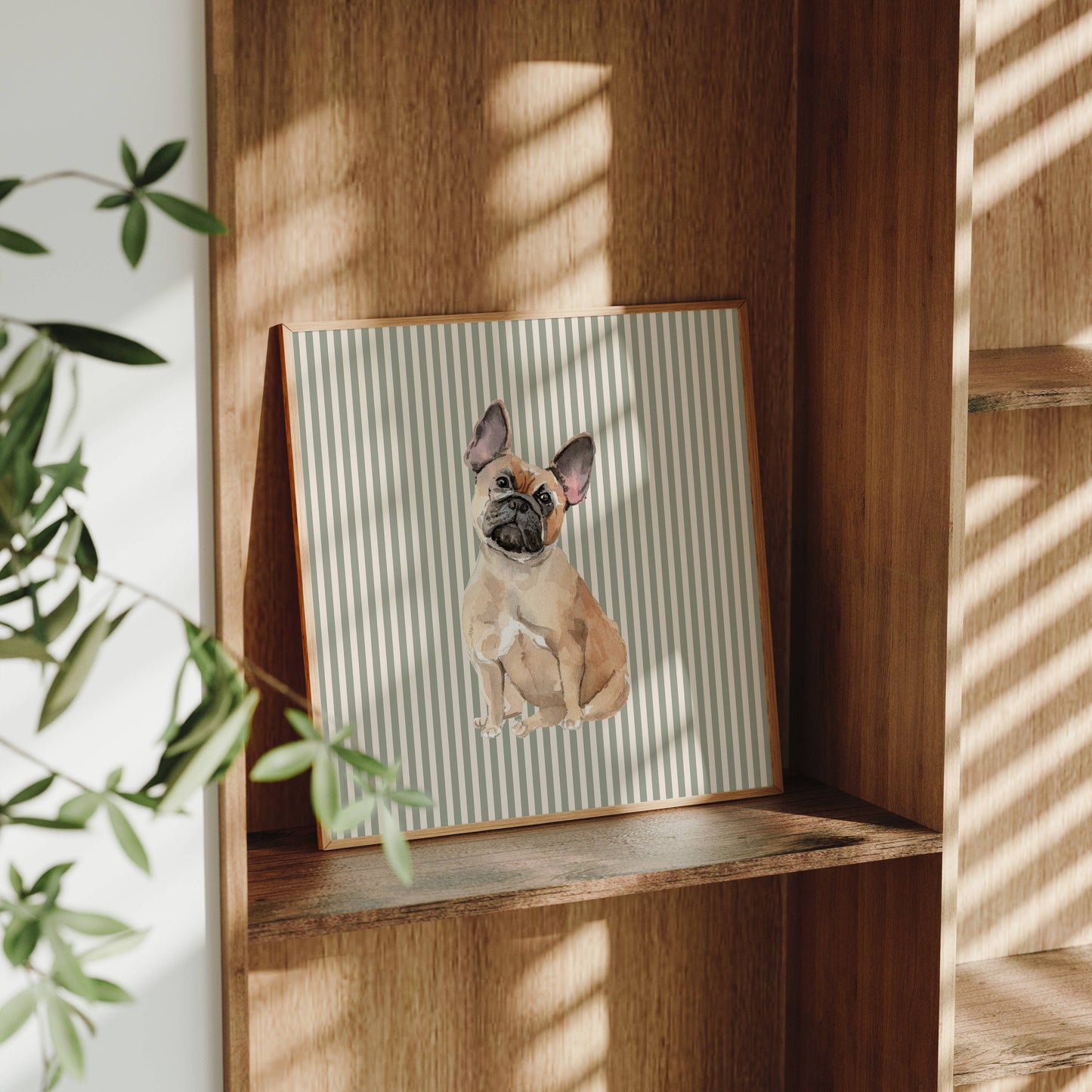 French Bulldog Print with Sage Green Stripe Background: 5" x 7" (vertical)