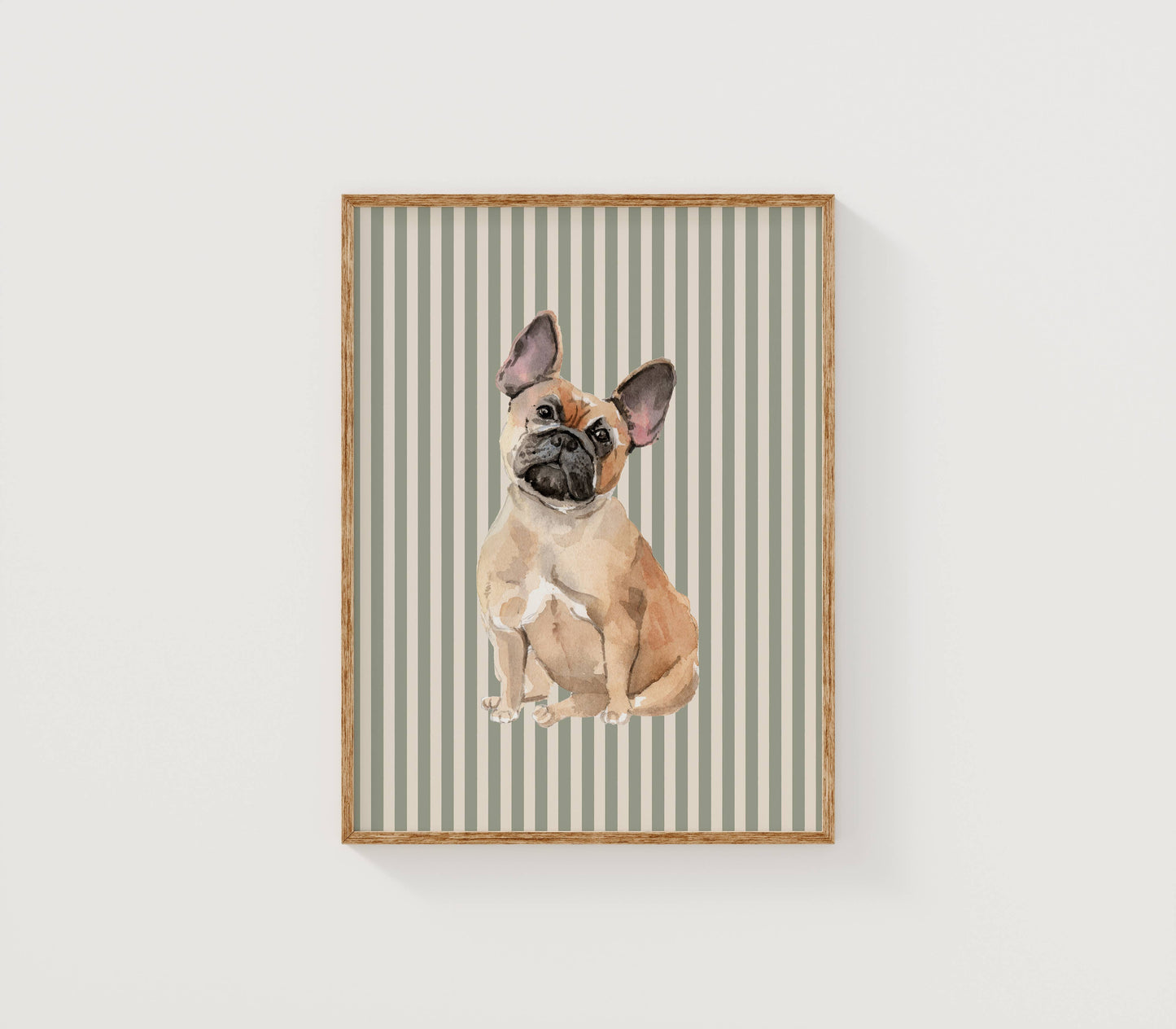 French Bulldog Print with Sage Green Stripe Background: 5" x 7" (vertical)