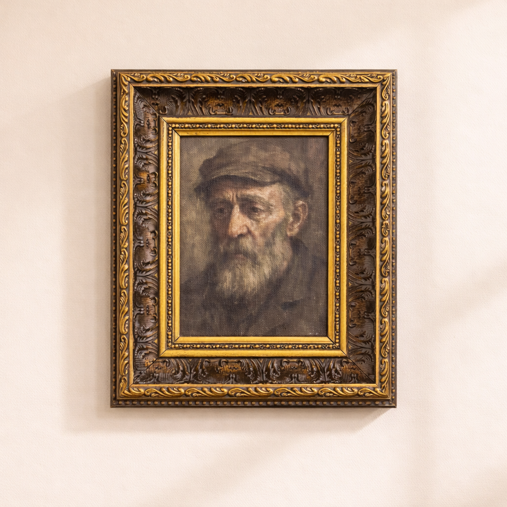 Somber Man | Antique Inspired Gold Leaf Crowned Framed Art: 5 x 7