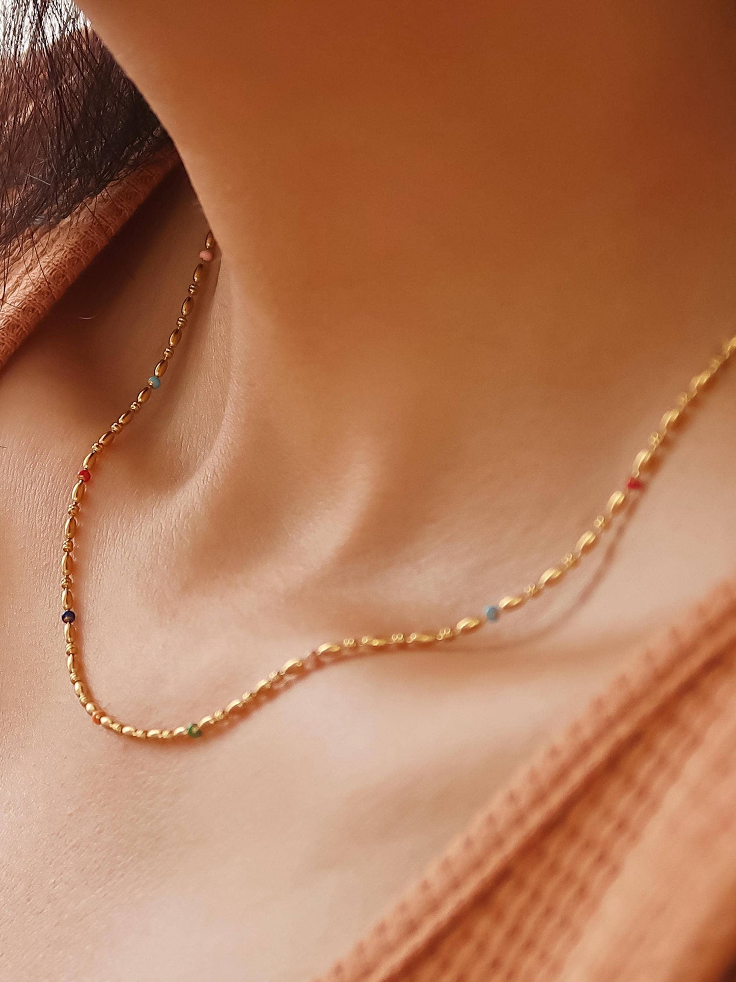 Tave 18K Gold Non-Tarnish Petite Beaded Necklace: Multi-Colored