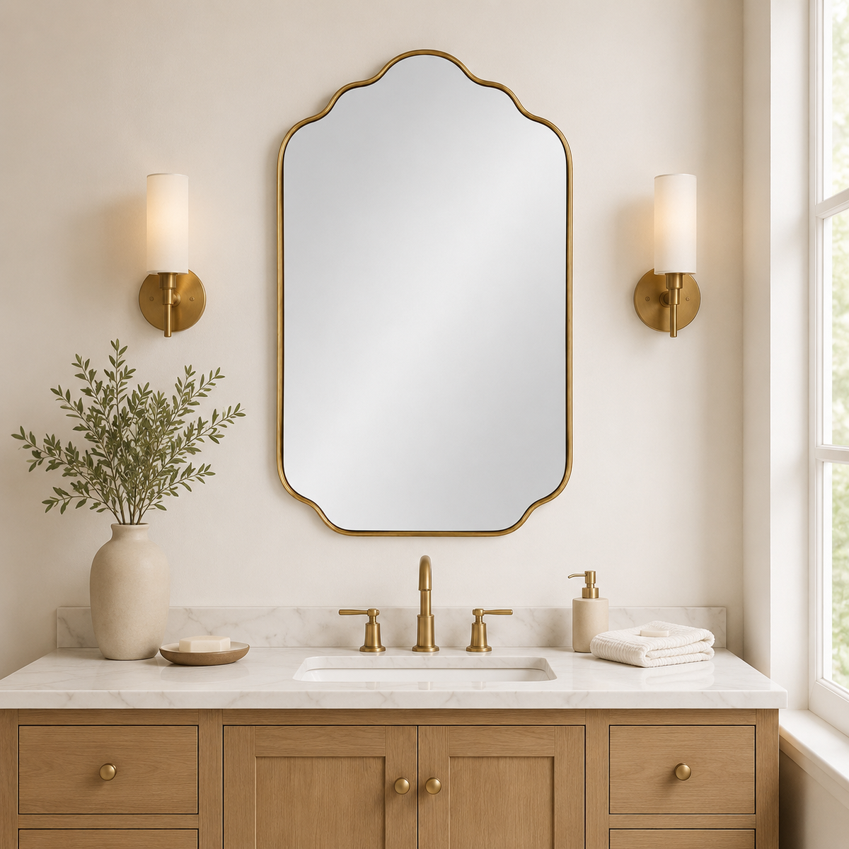 Handmade Antique Brass Scalloped Wall Mirror | Moroccan Brass Vanity Mirror: 27.5" H × 17.7" W