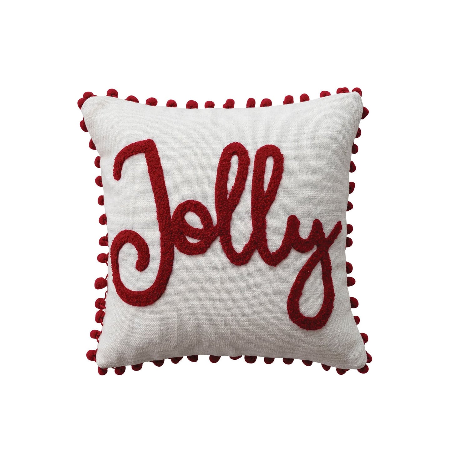 12" Square Cotton Slub Pillow with Pom Pom Trim & Tufted "Jolly", White & Red