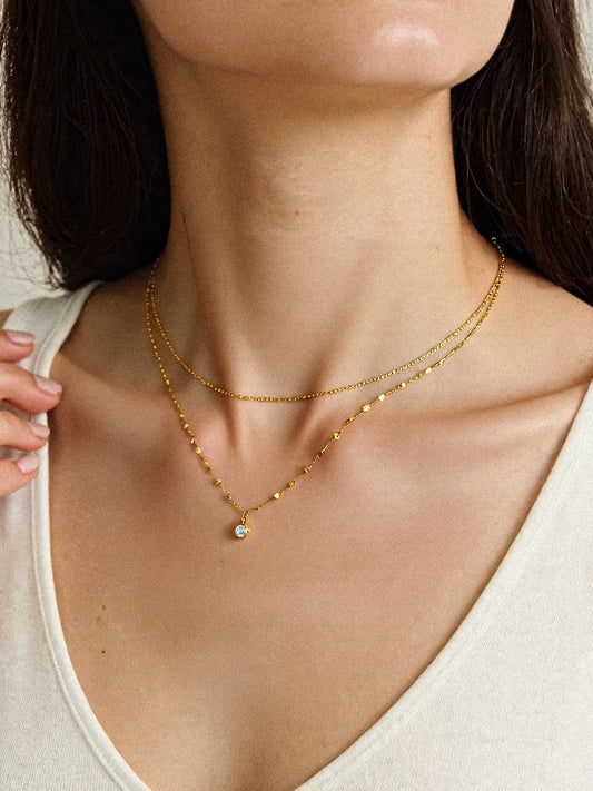 Cerise 18K Gold Non-Tarnish CZ Stone Stacked Necklace: Yellow Gold