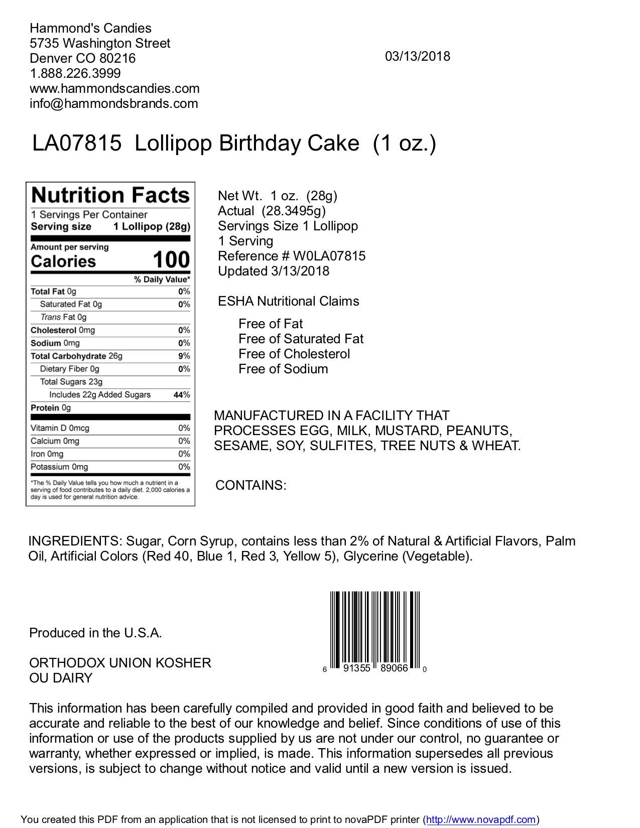 Handmade Lollipop - Birthday Cake - 1 oz