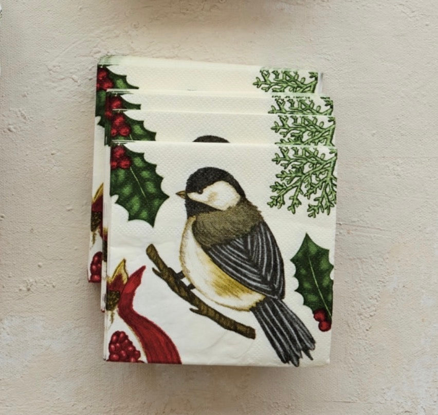 Paper Cocktail Napkins with Seasonal Botanicals & Bird (Contains 50 Folded Pieces) ©