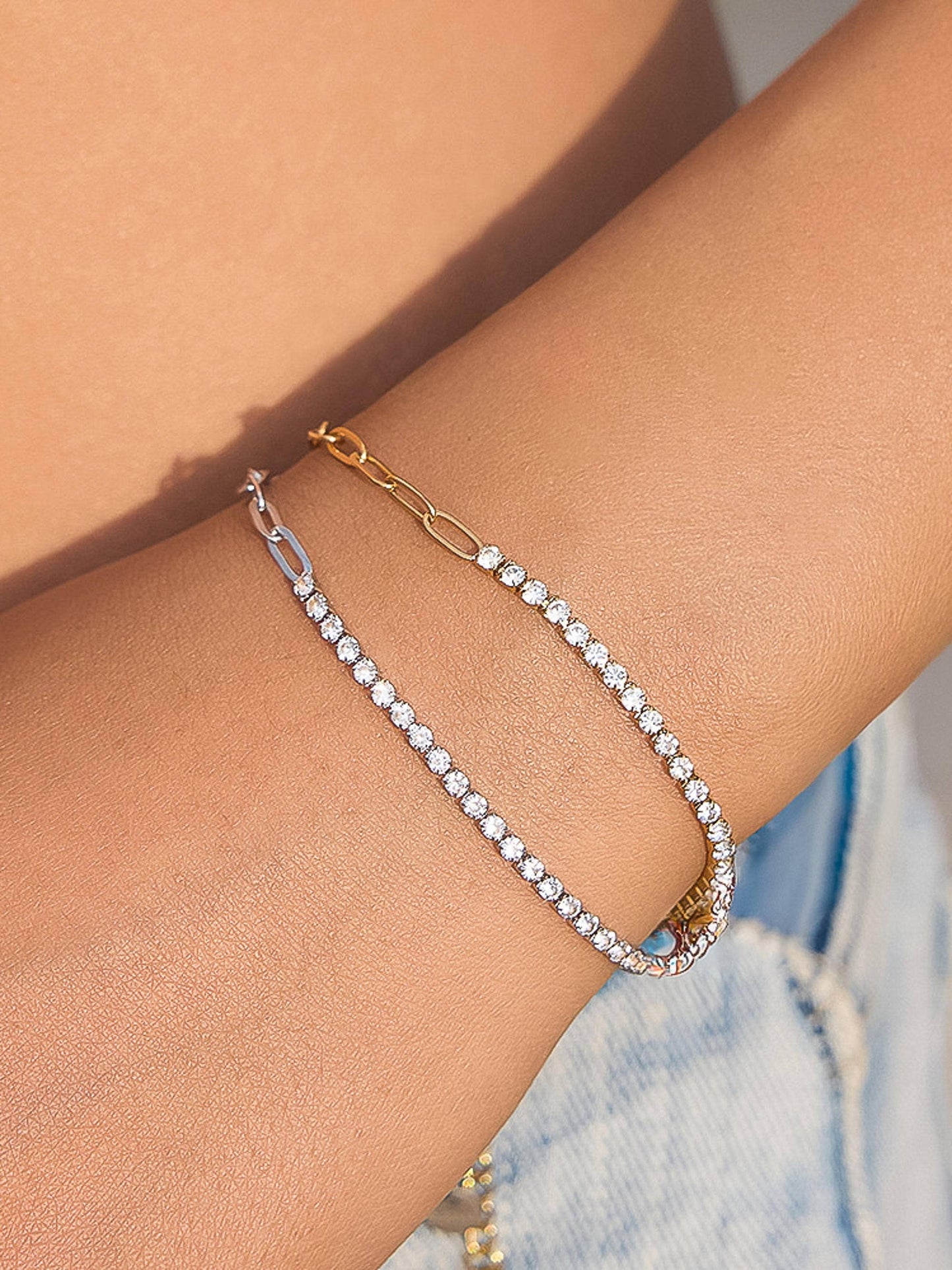 Wildora 18K Gold Non-Tarnish CZ Tennis Chain Link Bracelet: Silver
