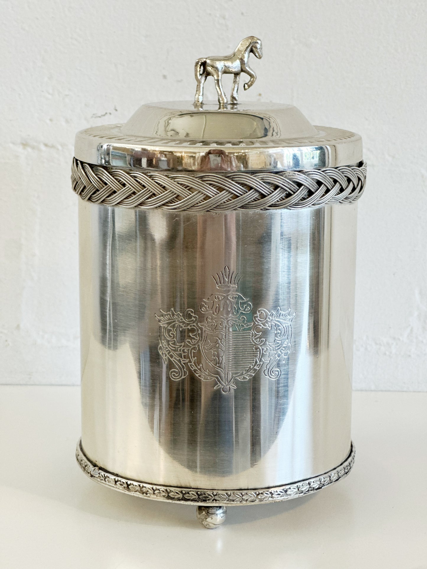 Antique Silver Style Braided Canister with Horse