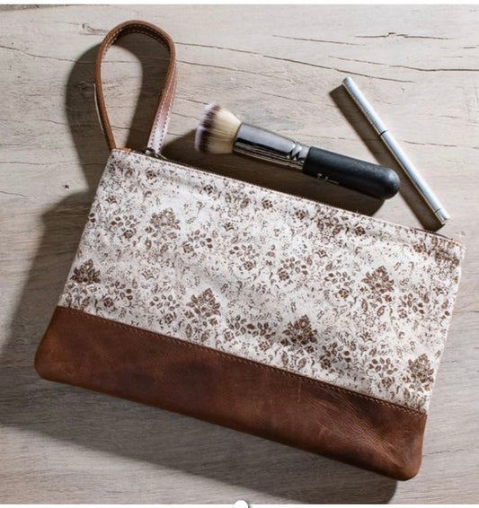 BROWN FLEUR CANVAS ZIP POUCH