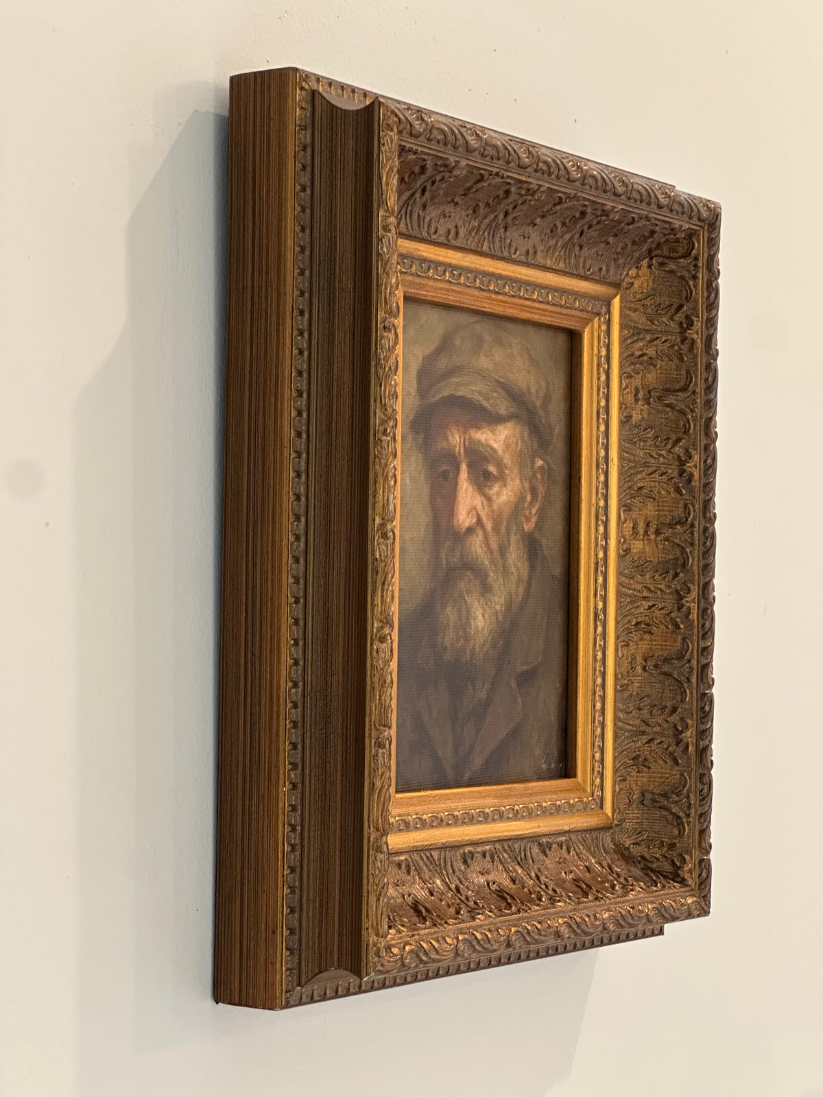 Somber Man | Antique Inspired Gold Leaf Crowned Framed Art: 5 x 7