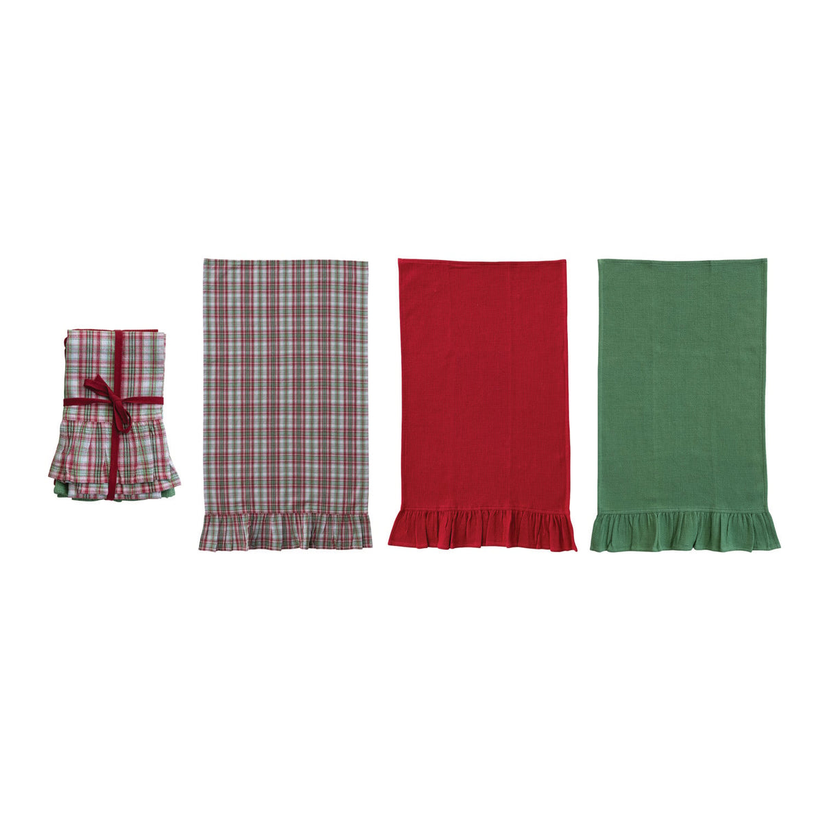 Woven Cotton Waffle Weave Tea Towels with Ruffle, Set of 3 Tied with Red Cotton Tape