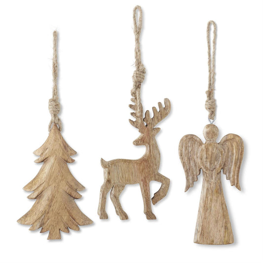 Mango Wood Holiday Ornaments w/Jute Hangers