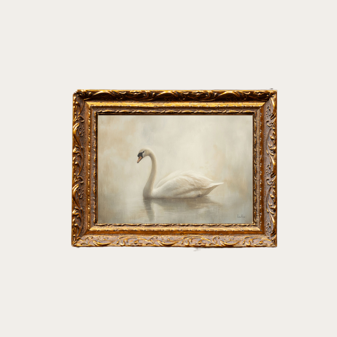 Vintage Swan | French Brass Gold Mould Framed Art: 5 x 7