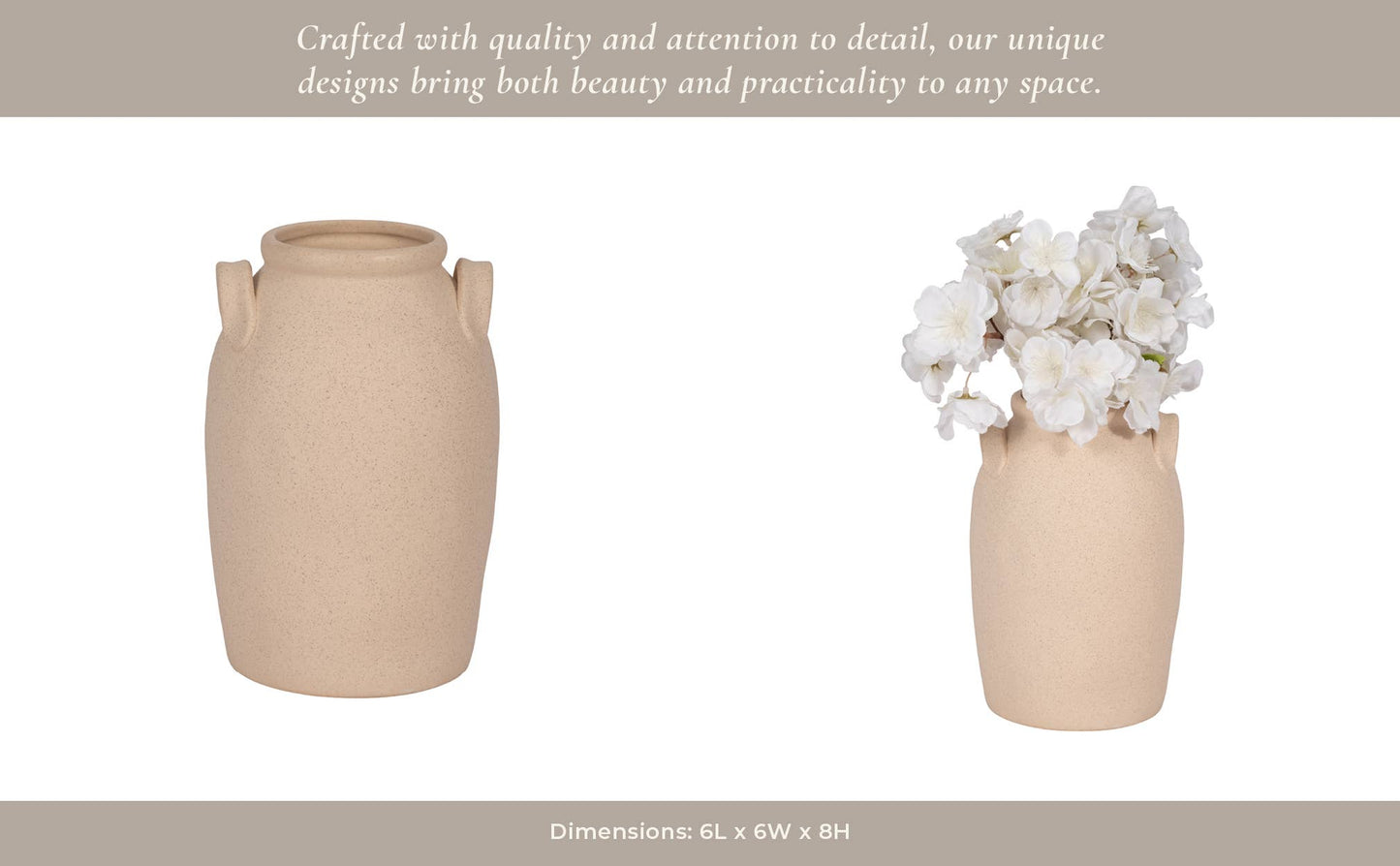 Ceramic Textured Vase with Handles - Ivory, 8 in.