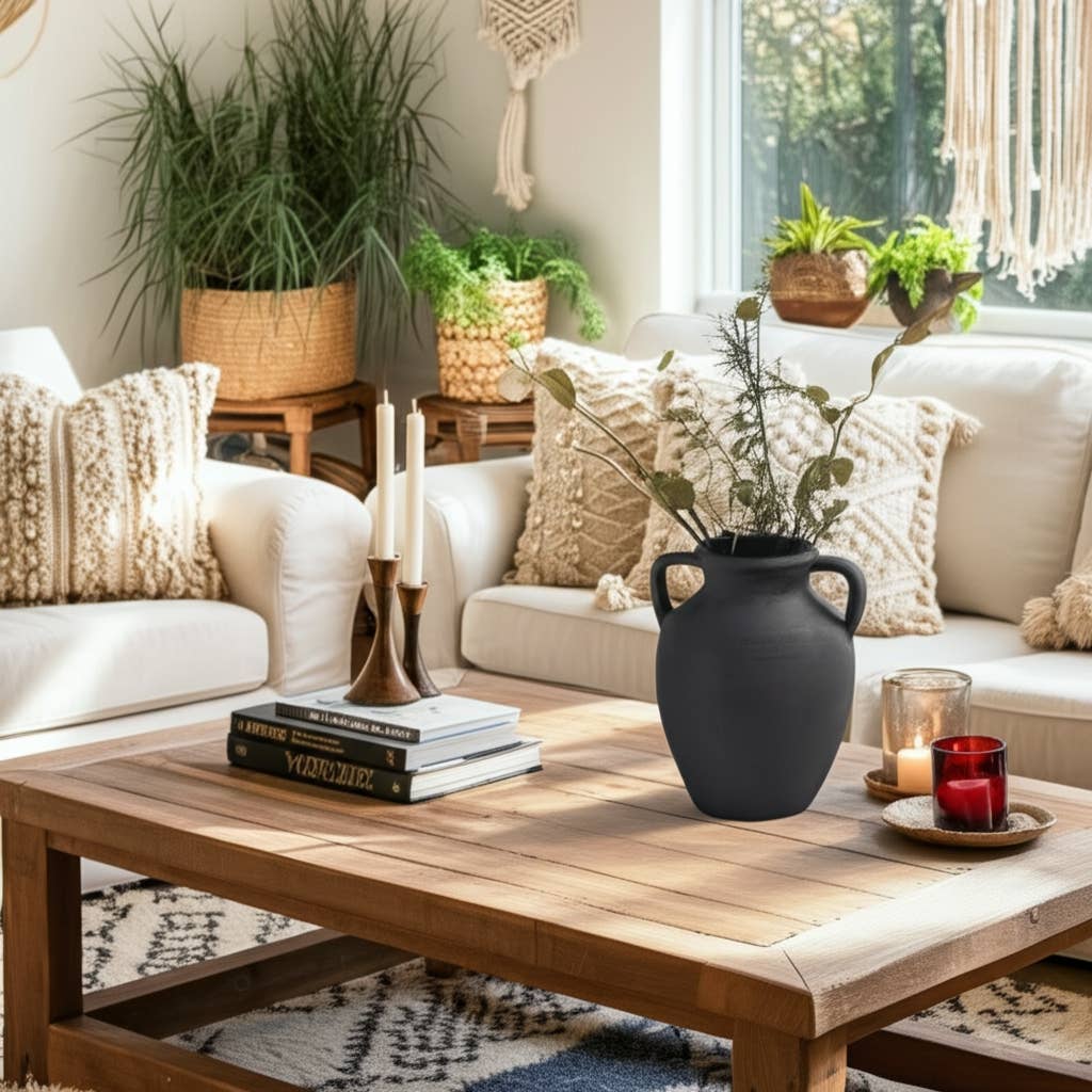 Ceramic Double Handles Decorative Vase - Black