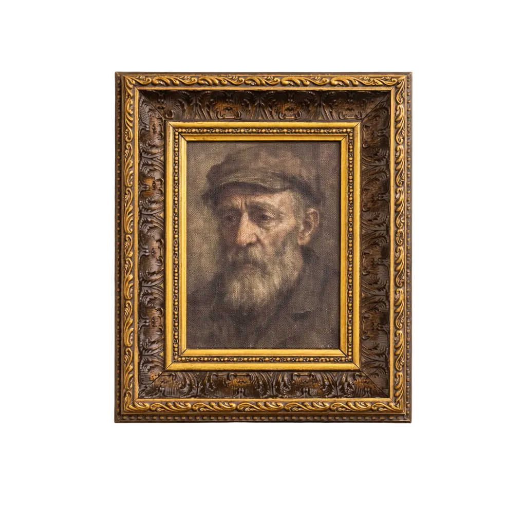 Somber Man | Antique Inspired Gold Leaf Crowned Framed Art: 5 x 7