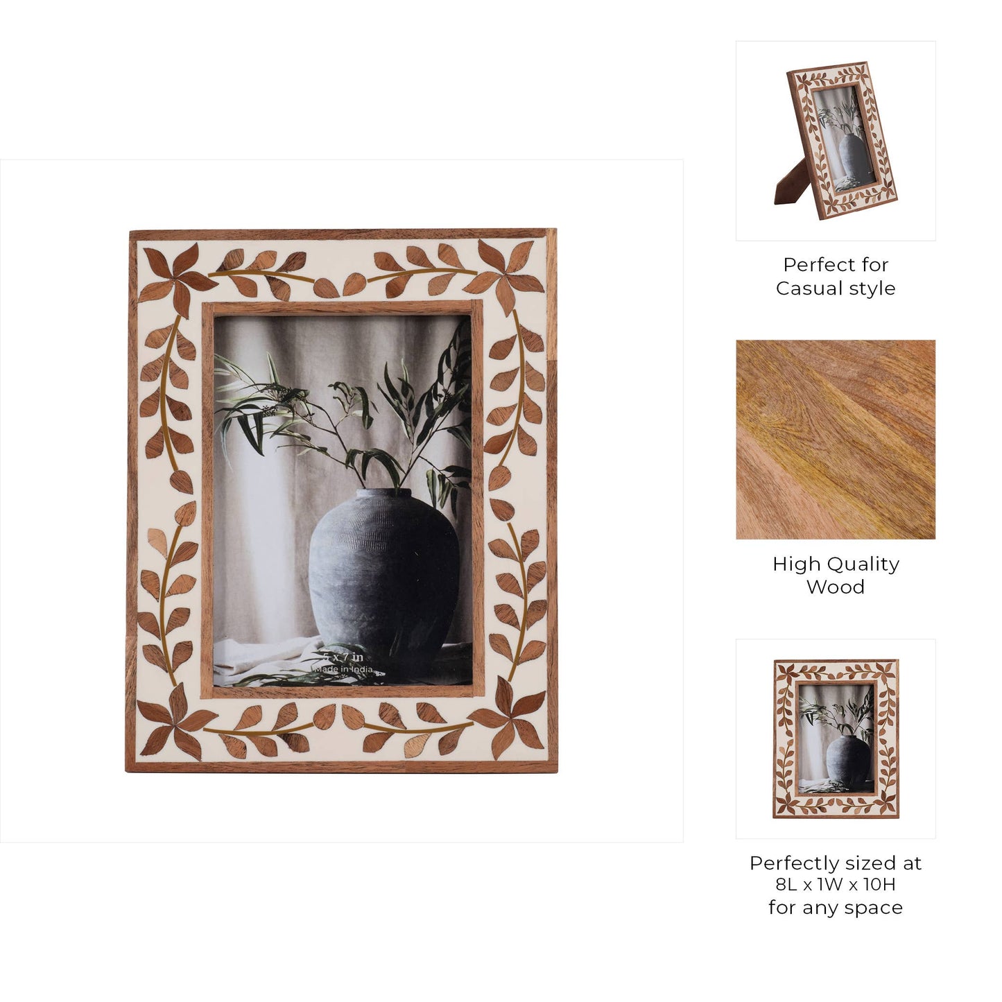 Wood Etched Leaf Inlay Vine Photo Frame - Brown, 5x7 in.