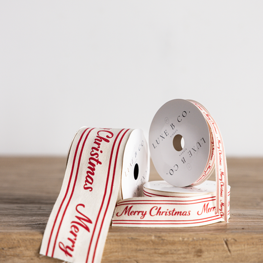 Red Cursive Writing Merry Christmas Ribbon: Medium