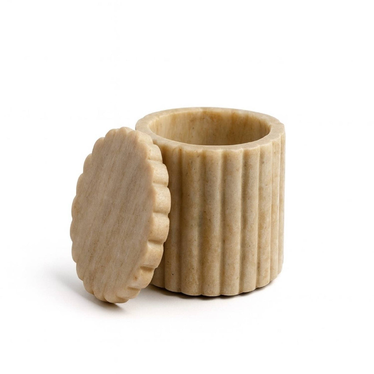 Med. Beige Marble Canister w/ Grooving 4"H: Beige / Marble