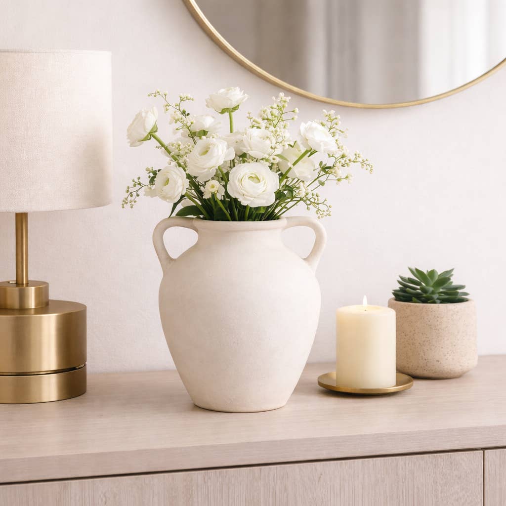 Ivory Paper Mache Amphora Round Vase with Handles