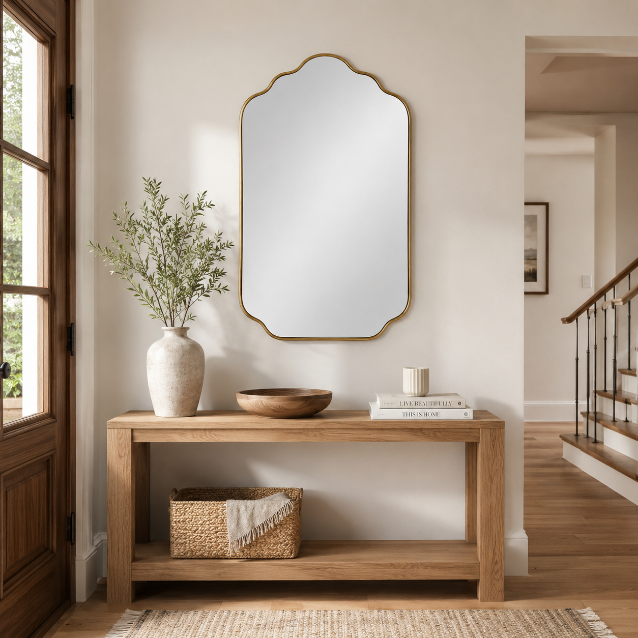 Handmade Antique Brass Scalloped Wall Mirror | Moroccan Brass Vanity Mirror: 27.5" H × 17.7" W