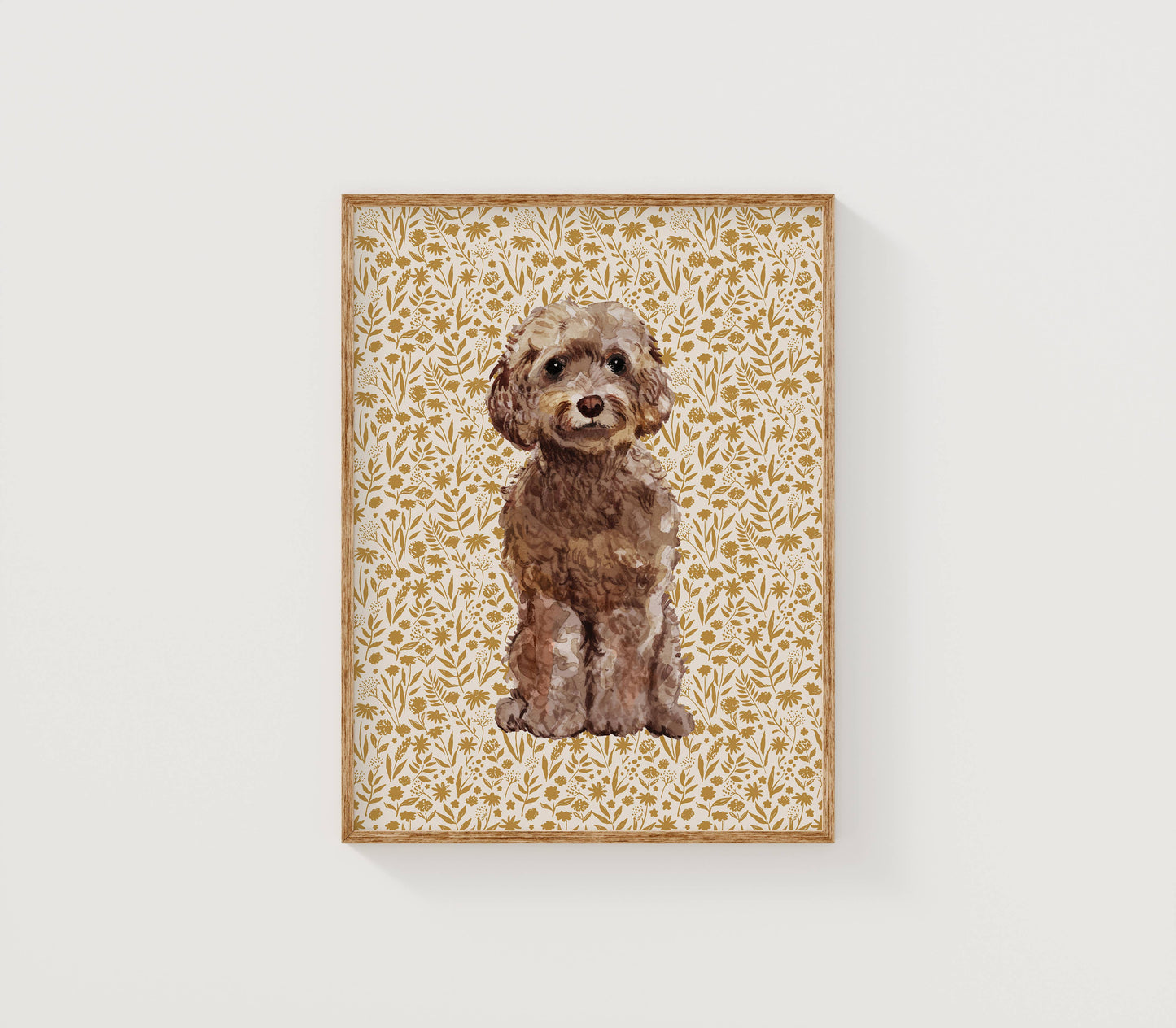 Cockapoo Print with Tan Floral Background: 5" x 7" (vertical)