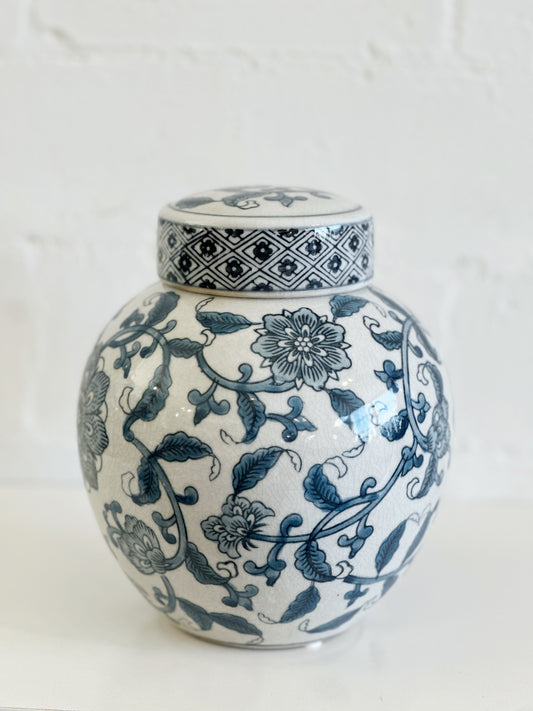BLUE FLORAL GINGER JAR W/LID
