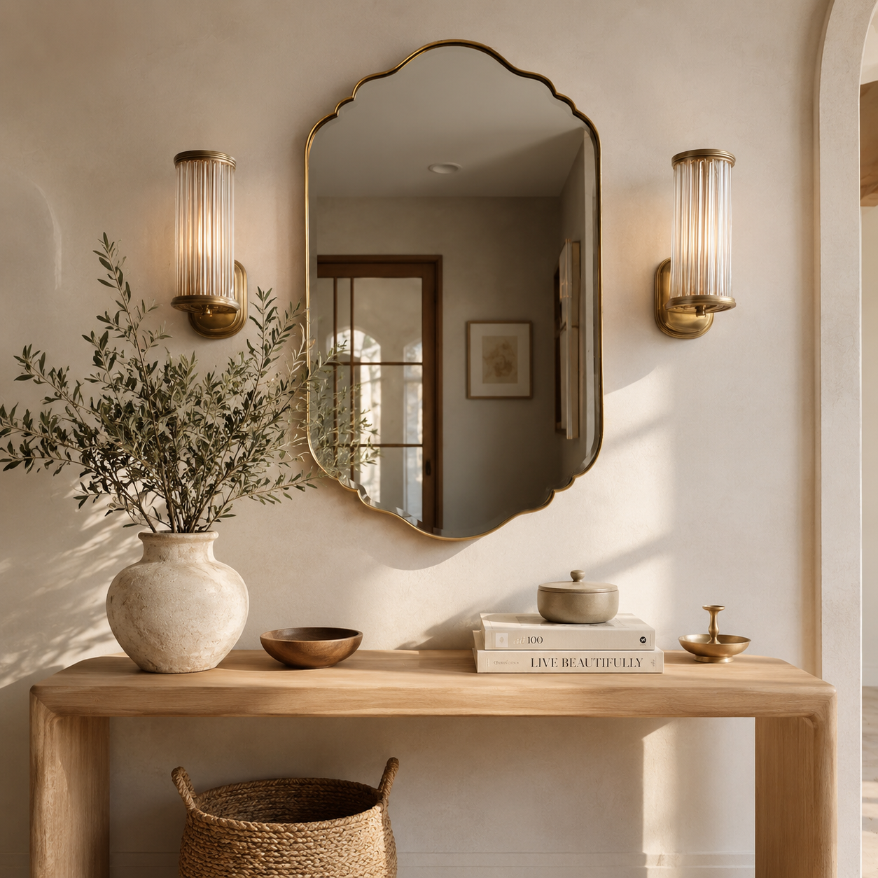 Handmade Antique Brass Decorative Wall Mirror | Moroccan Scalloped Mirror: 27.5" H × 17.7" W