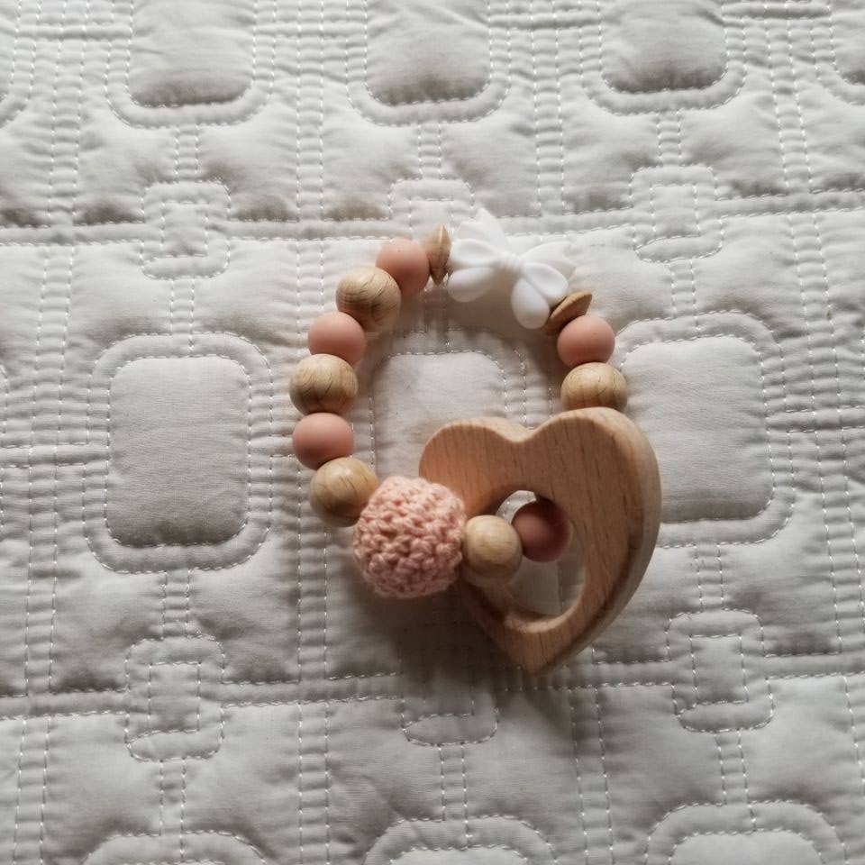 Wooden Heart and Silicone Bow Teething Rattle: Pink