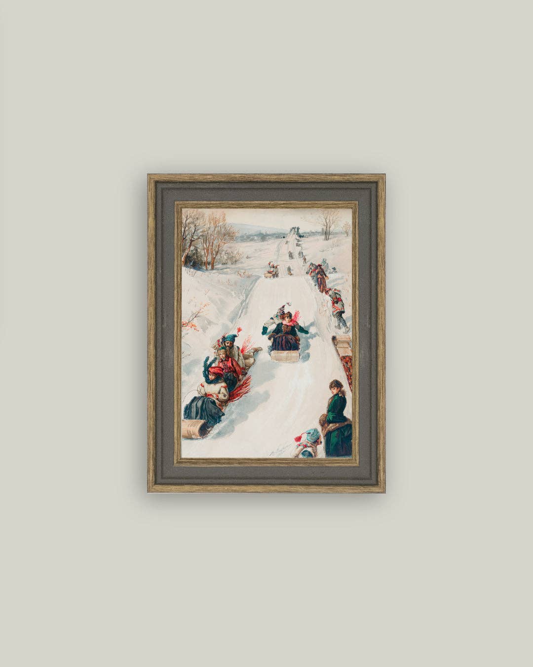 Tobagganing Framed Antique Art: 4x6
