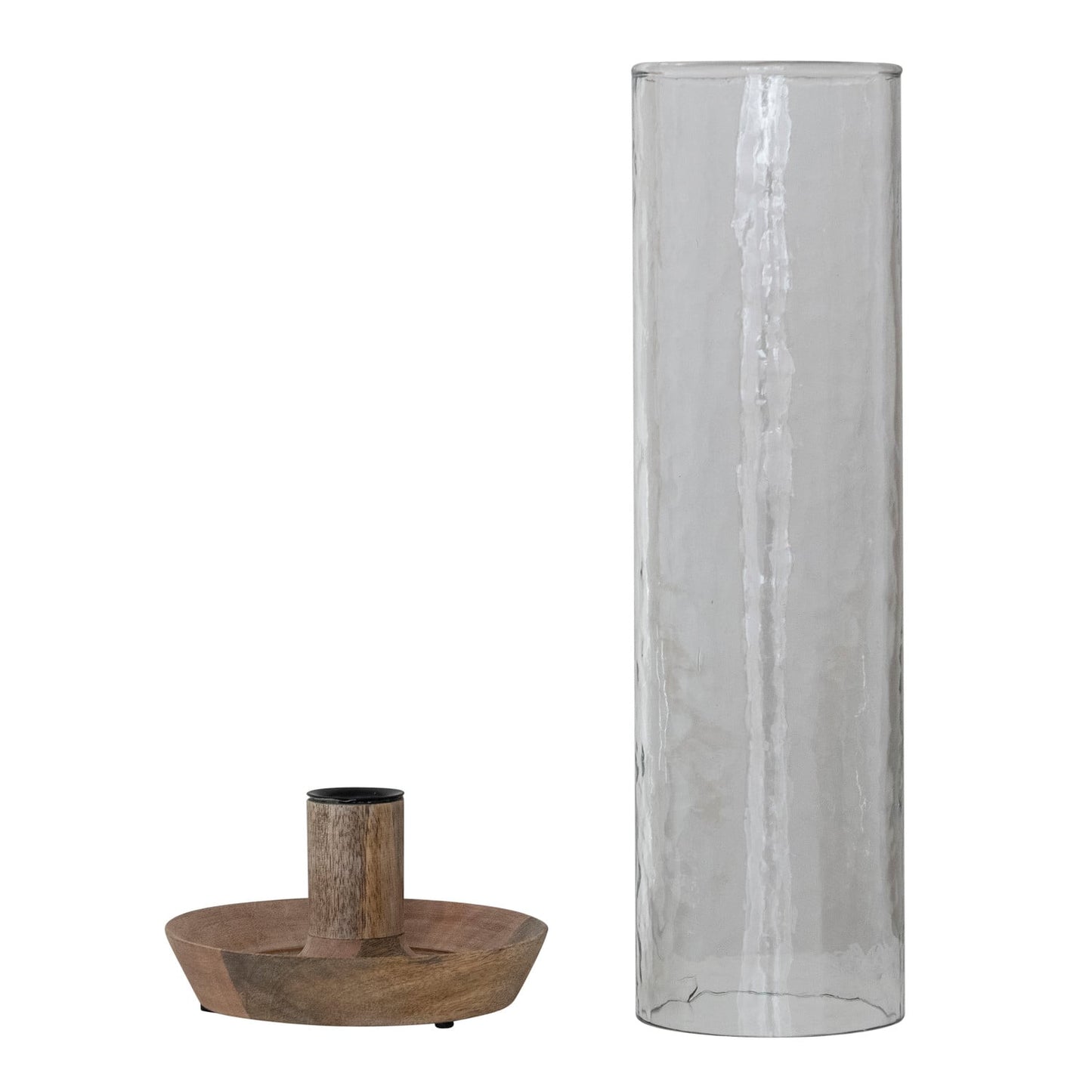 Mango Wood Taper Holder with Hammered Glass Hurricane