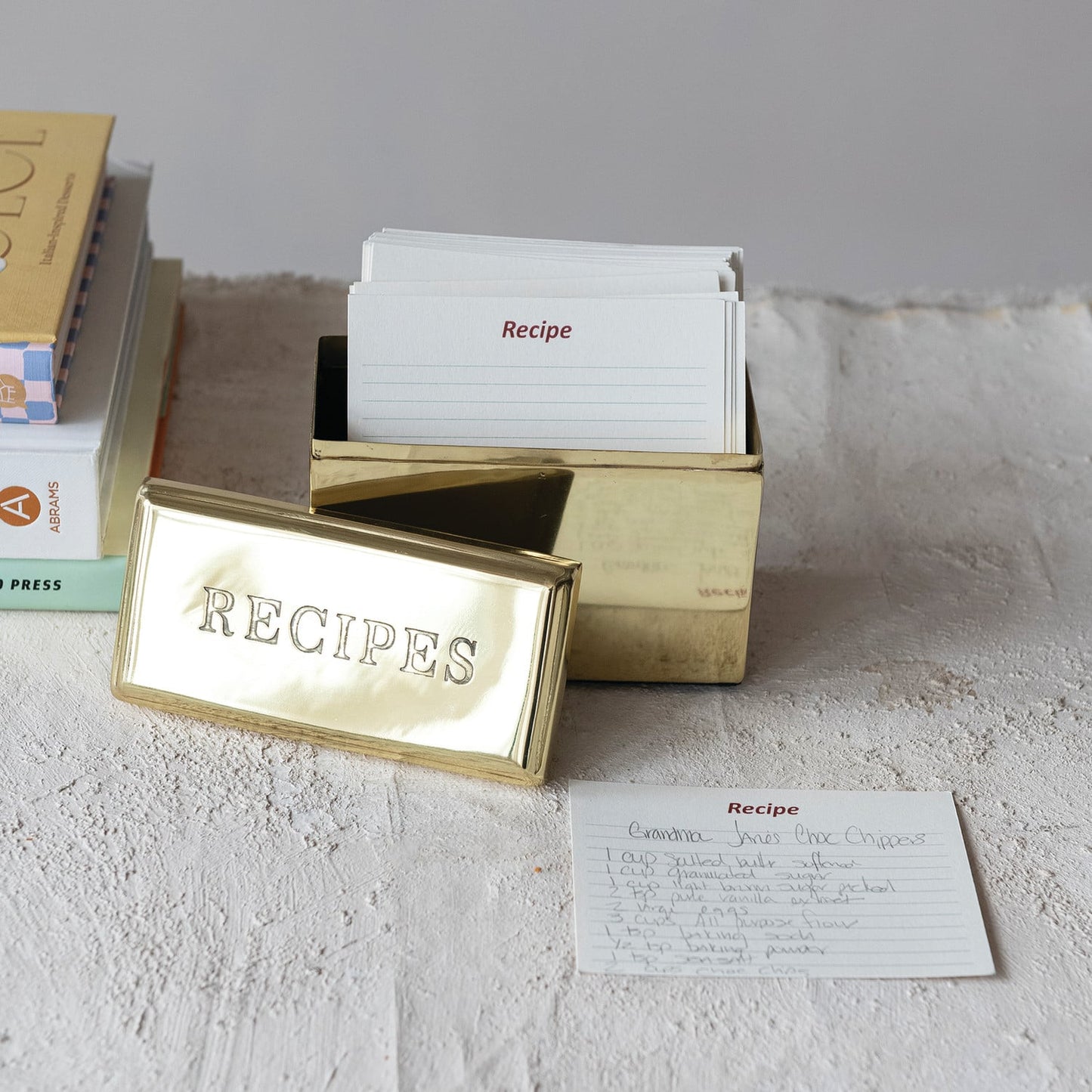 Etched Stainless Steel "Recipes" Box with 36 Recipe Cards, Gold Finish, Set of 37